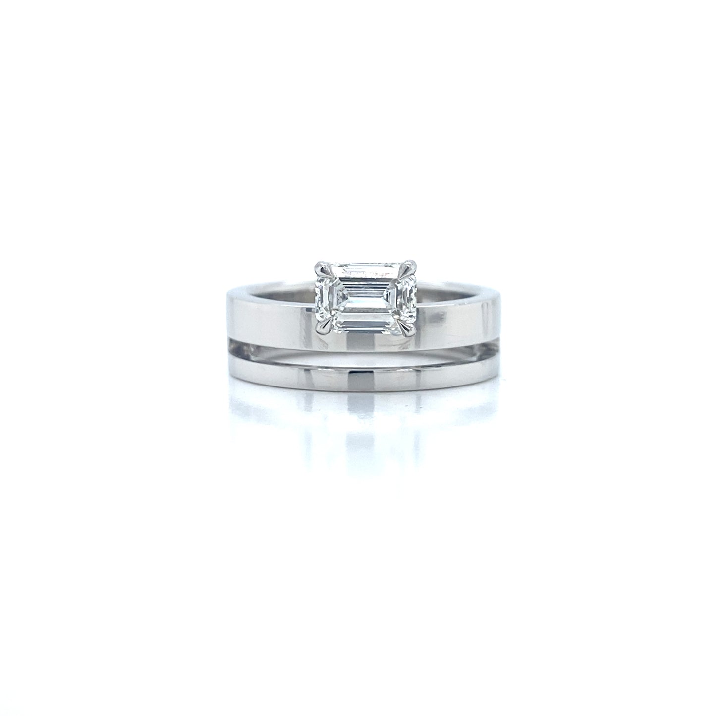 Platinum emerald cut diamond 'double band' ring