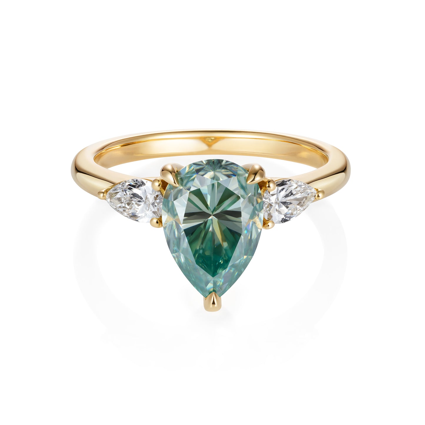 Teal pear shaped moissanite trilogy ring with lab-grown pear shaped side diamonds