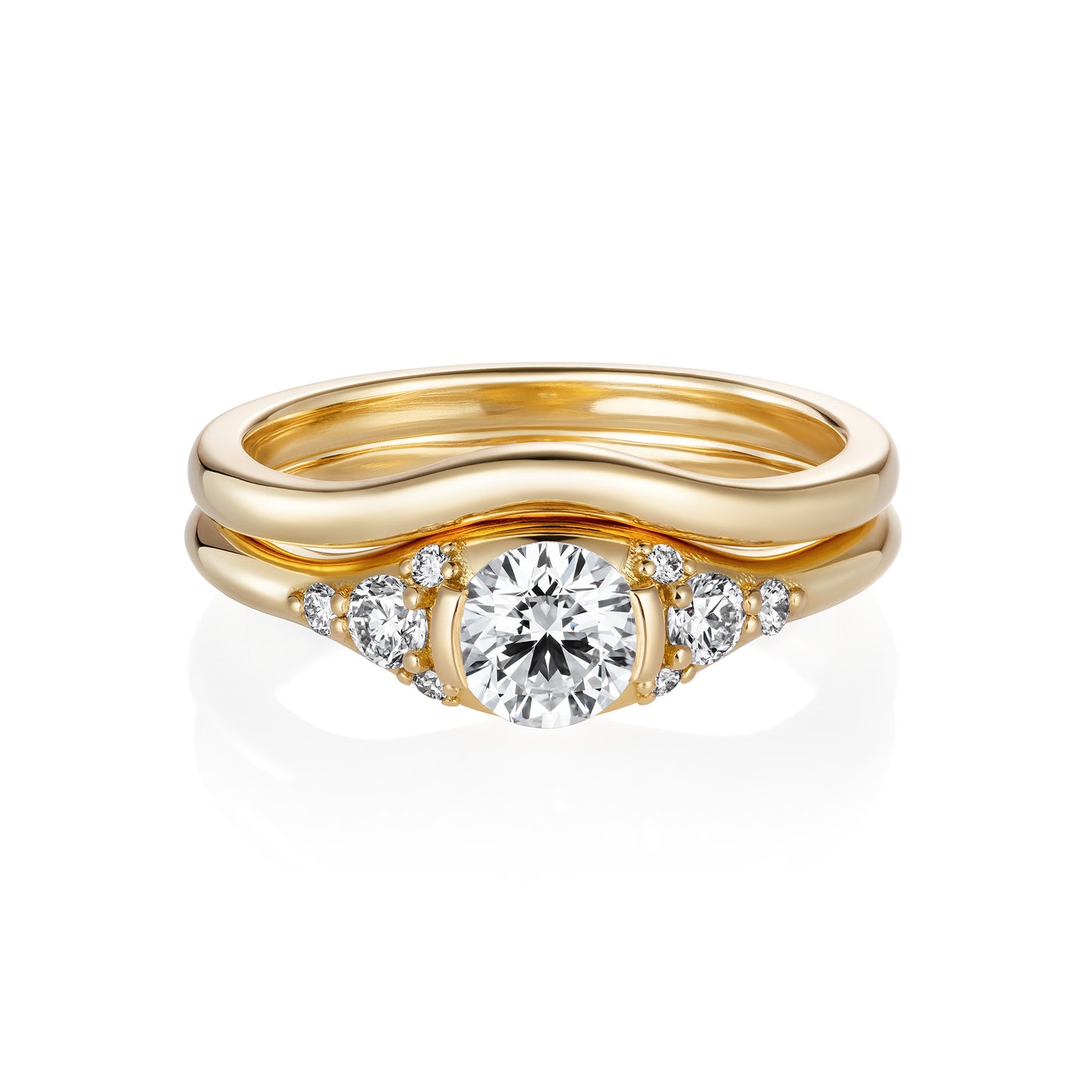 18ct yellow gold scattered diamond ring featuring fitted wedding band