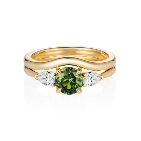 Green round sapphire & pear shape diamond ring